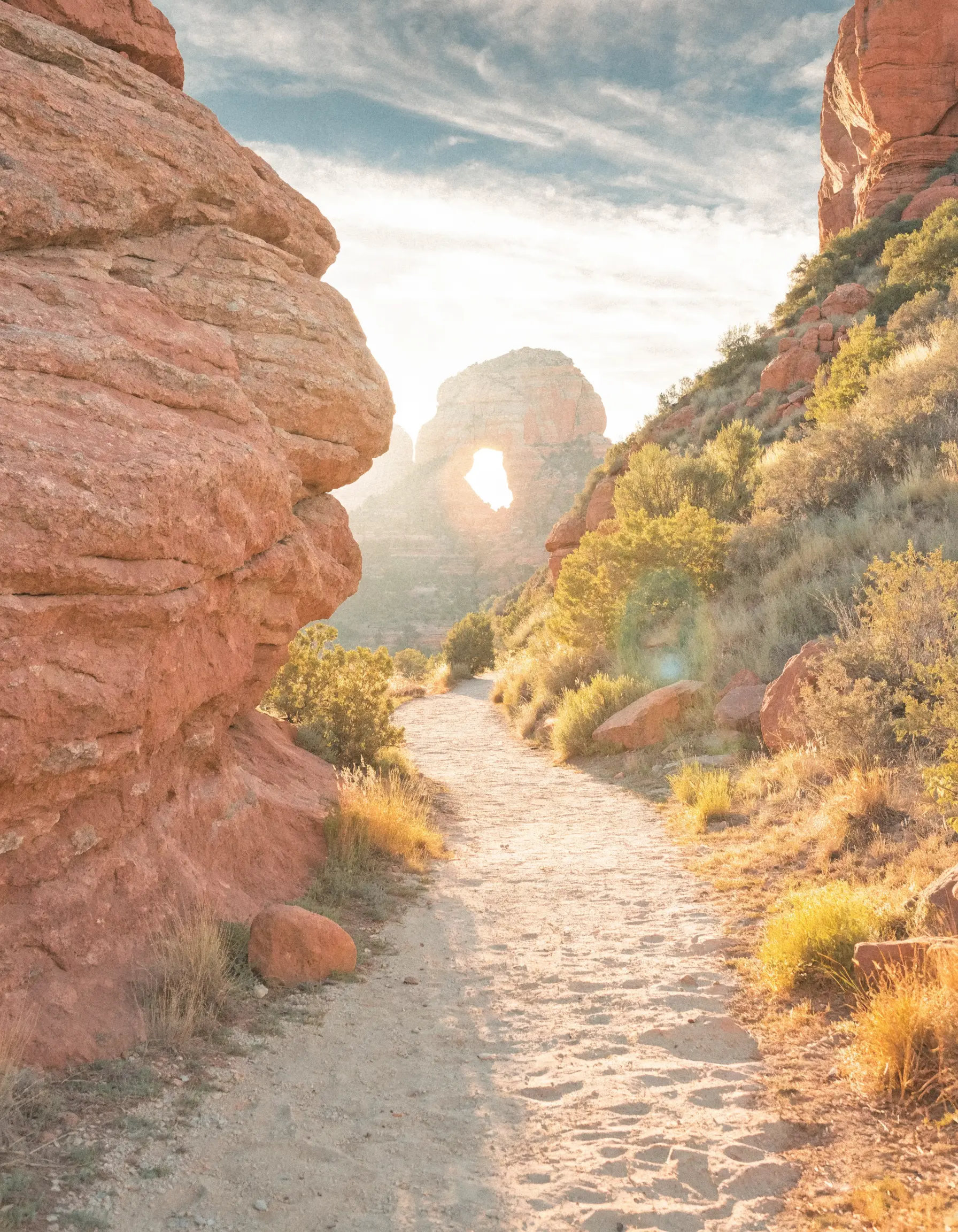 A footpath winding between red rock walls in the morning